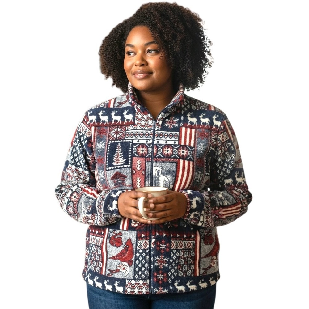 Fleece Jacket COASTLINES FOR CANADA Deer Winter Pattern Full Zip Pockets XL